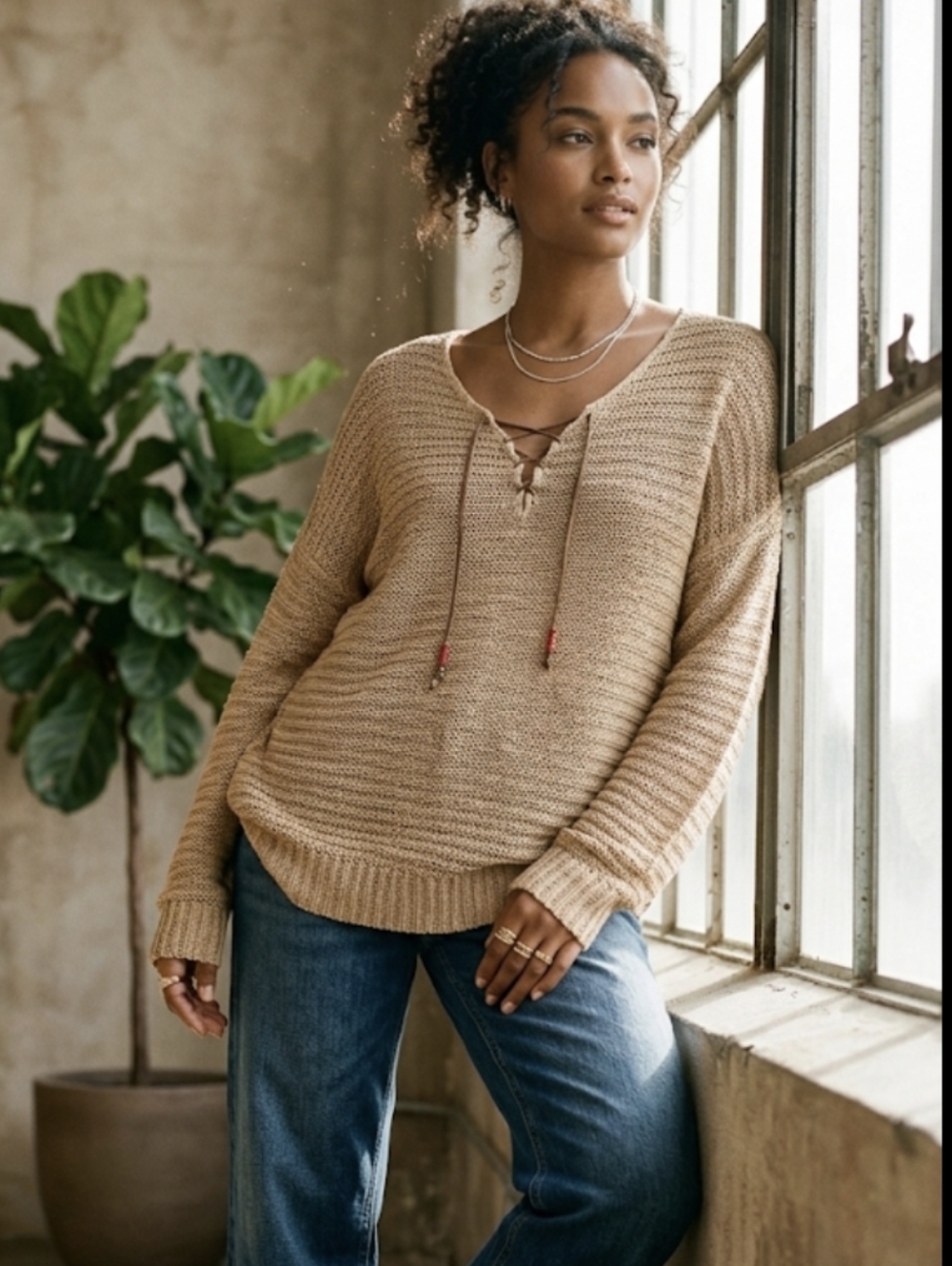 Ralph Lauren Lace-Up V-Neck Knit Sweater